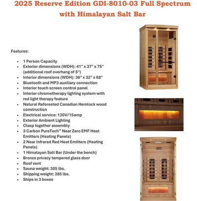 Golden Designs GDI-8010-03 Full Spectrum Sauna with Himalayan Salt Bar 1 Person
