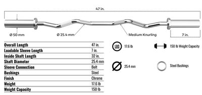 USA Sports GOZ-47 Olympic EZ Curl Bar – 47" Chrome Bar for Arm Isolation & Grip Comfort